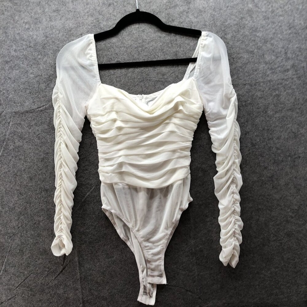 Hello Molly White Mesh Bodysuit Womens M (6) Ruched Long Sleeve Square Neck